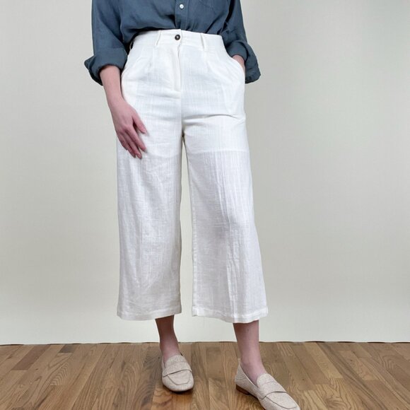 Linen Wide Leg Cropped Trouser Pants High Waisted Old Money Quiet Luxury Coastal - Picture 3 of 9